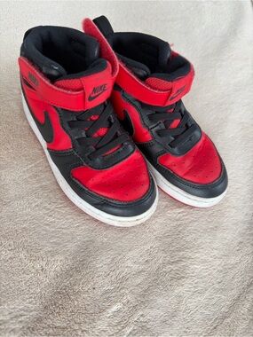 Nike Kids Red and Black High-Top Sneakers with Hook-and-Loop Strap